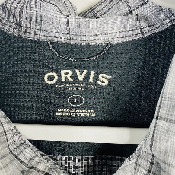 Orvis Size Large Classic Collection Short Sleeve Woven Plaid Button Shirt Gray - Picture 4 of 4